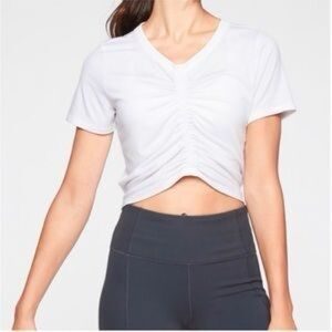 Athleta Encore Cinch Front Adjustable White Ruched Tee in XXS